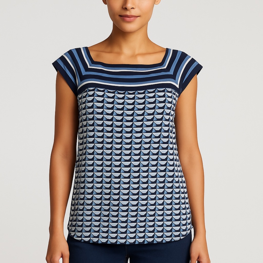 NWT Max Studio Blue White Boat Neck Knit Top Size M Cap Sleeve Graphic Striped